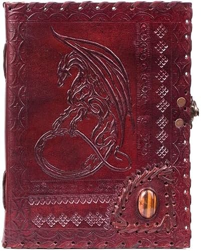 Handmade Large 8 Embossed Leather Bound Journal with lock Genuine Brown Antique Old personal Diary notebook journal Men Women Dragon With Stone