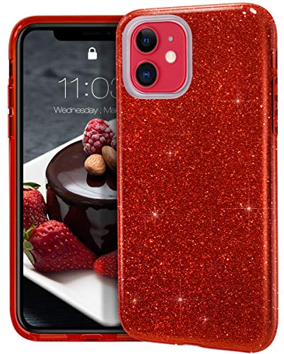 MATEPROX Glitter Case Compatible with iPhone 11 - Sparkle Sparkly Bling Cute, 3 Layer Hybrid, Anti-Slick Protective Case for iPhone 11 6.1'' - Red