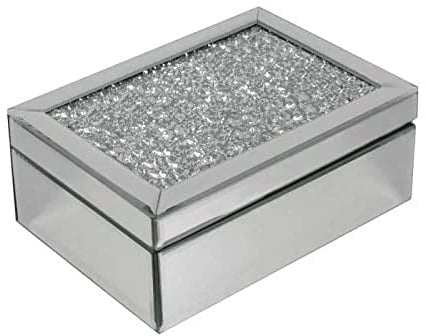 HomeZone Joyero de cristal con espejo de diamante aplastado plateado con caja de terciopelo negro para almacenamiento, cajones organizadores para maquillaje de mujer