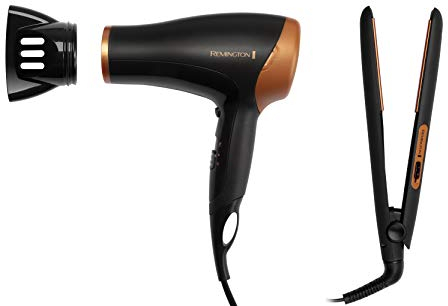 Remington Hair Care Gift Set - Ceramic Hair Straighteners and 2000 W Ionic Hair Dryer with Concentrator D3012GP, Black/Bronze