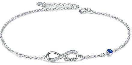 AOBOCO Infinity Fußkettchen Sterling Silber 925 Damen Verstellbare Unendlichkeit Fusskettchen mit Kristallen 27 cm (Simulierter Saphir)