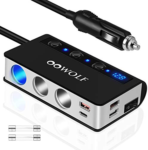 OOWOLF [Upgraded Version] Cigarette Lighter Splitter 2 QUICK CHARGE 3.0, Type-C 12V/24V Cigarette Lighter Adapter, 3-Socket 180W Car Charger Splitter, LED Voltmeter Display Separate Switch
