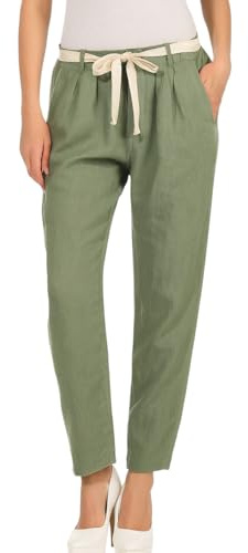 Mississhop 317 Damen Leinenhose lockere Freizeithose Lange Hose mit Gürtel 100% Leinen Oliv