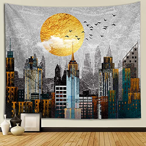 Yeacun Grauer New York City Tapisserie, gelbe Sonne und Vogel, Landschaft Zug, Wandbehang, Heimdekoration für Wohnzimmer, Schlafzimmer, Wohnheim, Himmel, Wandkunst Bohemian Tapisserie (152 x 127 cm)