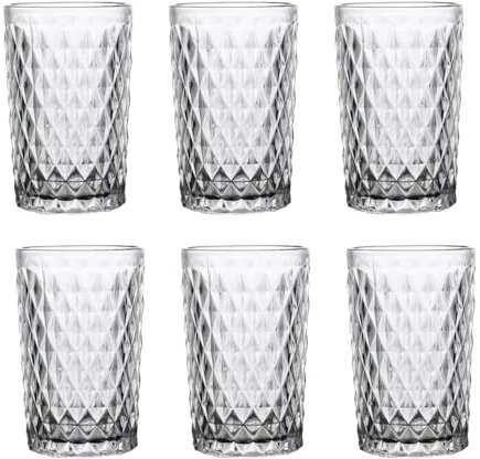 Vintage 6er-Set Farbige Weingläser und Trinkgläser mit Diamant Muster (Netz Klar Trinkglas), Longdrinkgläser, Cocktail Gläser mit Prägung, Glas, Trinkglas, Weinglas, Wasserglas, Glaskelche