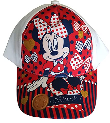 Minnie Maus Kappe Base Cap Mütze Sonnenhut mit Motiv Glitzer, Herzen, Schleifen für Kinder, Mädchen und Jungen (Weiß, 52)
