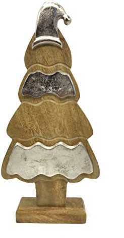 DARO DEKO Holz Tannenbaum mit Standfuss Natur braun Silber 28cm