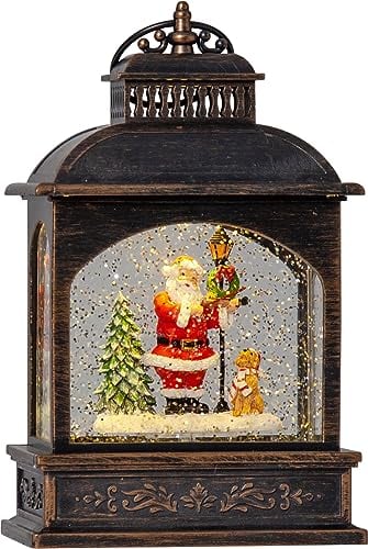EGLO LED Weihnachtslaterne mit Schneegestöber, beleuchtete Vintage-Schneekugel mit Weihnachtsmann, Fensterdeko für Weihnachten mit Timer, Kunststoff in Bronze
