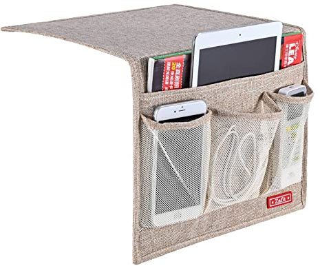Zafit Nachttisch-Caddy, Leinen, 4 Taschen, Organizer für Zeitschriften, Fernbedienungen, Telefon (Beige, klassische 4 Taschen)