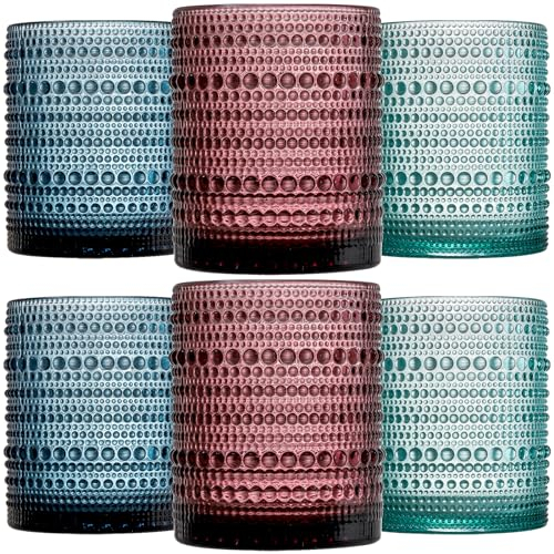 ZOOFOX 6 Pack 12 Oz/350ml Romantic Water Glasses, Colored Hobnail Glasses Tumbler, Embossed Drinking Glassware Set for Beer, Cocktail, Soda, Beverages and Whiskey