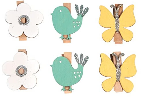 Rayher Holzklammern Schmetterling + Vogel, 3 – 3,5 cm, Btl. 6 Stück, sortiert, Dekoklammern zum Basteln und Verzieren, Osterdekoration, 46646999