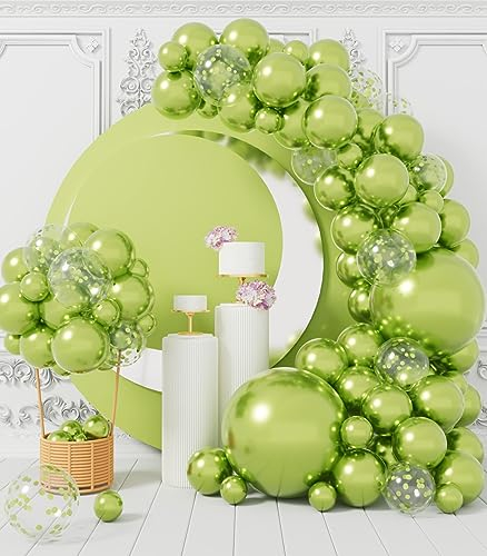 Kit Arco Palloncini Verdi Chiaro: 100 Pezzi Verdi Lime Coriandoli Set Ghirlanda Palloncini Verde in Lattice Con Nastri per Compleanno Baby Shower Giungla Dinosauri Decorazioni