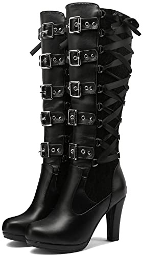 Women Lace Goth Knee High Boots Buckle Block Heel Lace Up Boots,Black,8.5