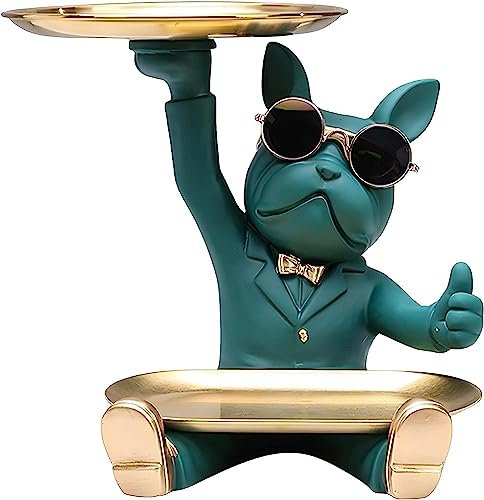 Jannlimt Bandeja de estatua de bulldog, estatua de bulldog para entrada, pasillo, vaciado, escultura de bolsillo, estatua decorativa de resina, bulldog francés, verde