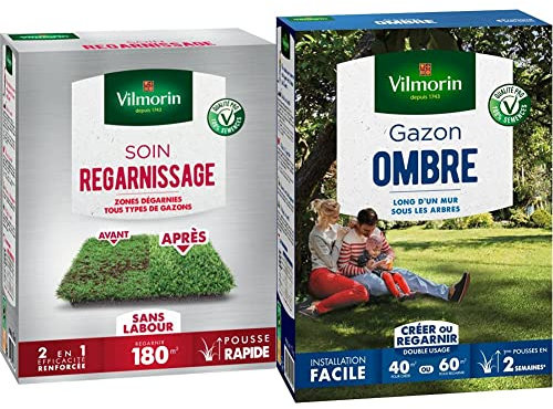 Vilmorin 4466315 Soins Regarnissage Universel 2-en-1, Vert, 3 kg & 4466514 Gazon Ombre, Vert, 1 kg