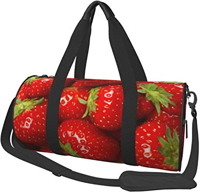 Lässige, große Kapazität, runde Seesack, schwarz-weiß gestreifte Blumen, Sport-Training, runde Tasche, zylinderförmige Tasche, Rote Erdbeerfrucht, Einheitsgröße