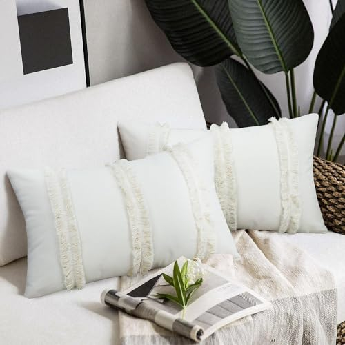 Merrycolor Boho Kissenbezug 45 x 45 2er-Set mit Quasten Beige Neutrale Kissenbezüge Bauernhaus-Boho-Kissen Dekorative Dekokissenbezüge für Couch Sofa Wohnzimmer(30 x 50 cm, F)
