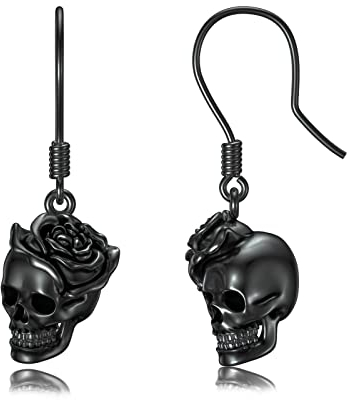 Schwarz Totenkopf Ohrringe Silber 925 Hängende Ohrring Gothic Rose Schädel Geschenke für Halloween