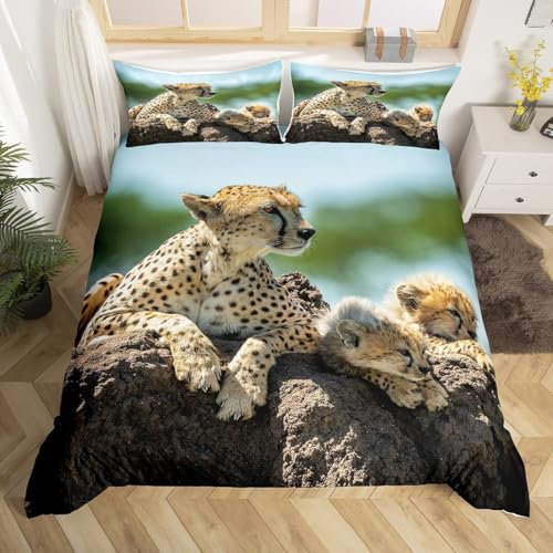 Bettwäsche 135x200 3teilig Bettbezug - Leopard Bettwäsche Sets/Kinderbettwäsche mit Reißverschluss, Wildtier Gepard Mikrofaser Bettbezug 135x200cm + 2 Kissenbezug 80x80cm