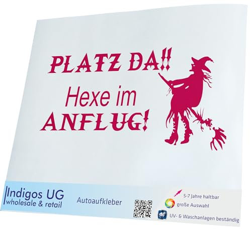 INDIGOS UG Auto Aufkleber Auto - 400x190 mm - Platz da!! Hexe im Anflug! - pink - Selbstklebender Sticker für Auto, Fenster, Bus oder LKW
