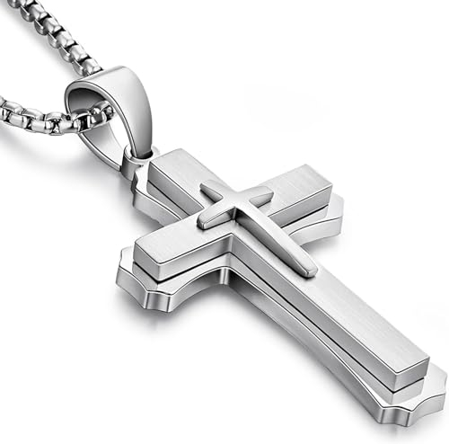 Jiahanzb Herren Kreuz Halskette - Edelstahl Anhänger Jesus Christus - 316L Edelstahl Großes Kreuz für Männer - Kreuzschmuck 22 Zoll