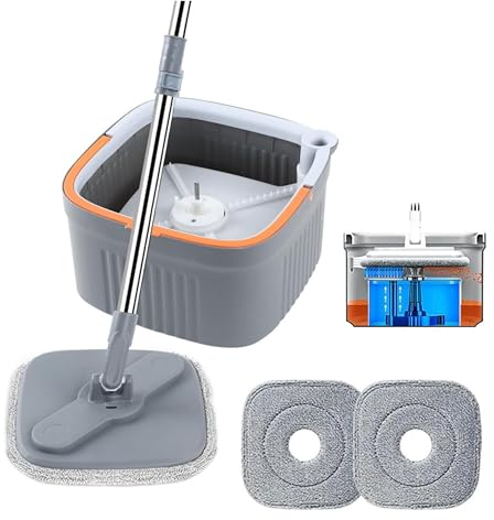 SquareSpin 360 Mop Kit with Dual Compartment Bucket and Wringer: Includes 2 Thick Washable Microfiber Pads (Model: SPIN-800A)