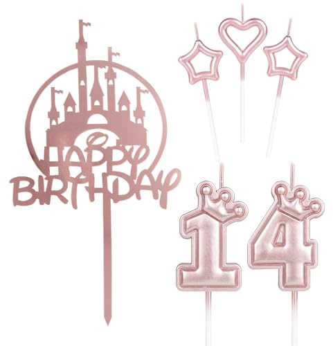 Happy 14th Birthday Castle Cake Toppers, Pink Crown Number 14 Candle, Cake Toppers for Girls Women Birthday Party & Wedding Anniversary Decorations