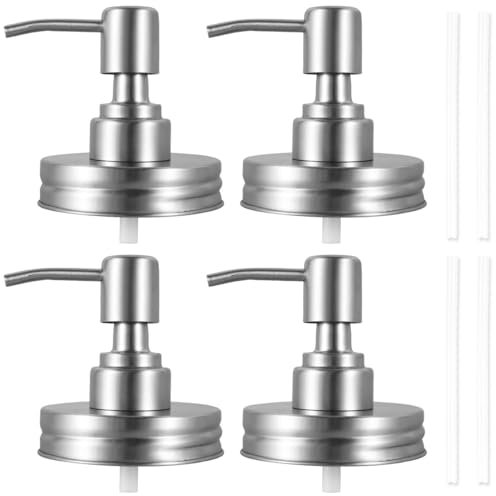 Mason Jar Pump Lid Soap Dispenser Pump Replacement Stainless Steel Lotion Soap Dispenser Lids with 3.9 Inch Tube and Gasket Leakproof Soap Dispenser Pump Replacement for Home Kitchen Bathroom