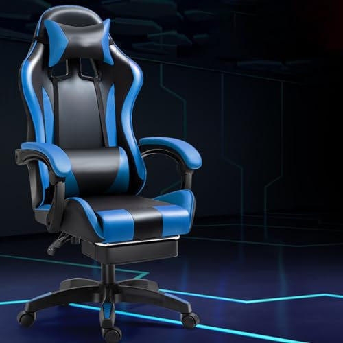 Ergonomischer Gaming Chair, HöHenverstellbar Gamer Stuhl Mit FußStüTzen Armlehne, Drehsessel Mit LendenwirbelstüTze KopfstüTze, BüRostuhl Verstellbar 90-135° 250kg Belastbarkeit, schwarz blau