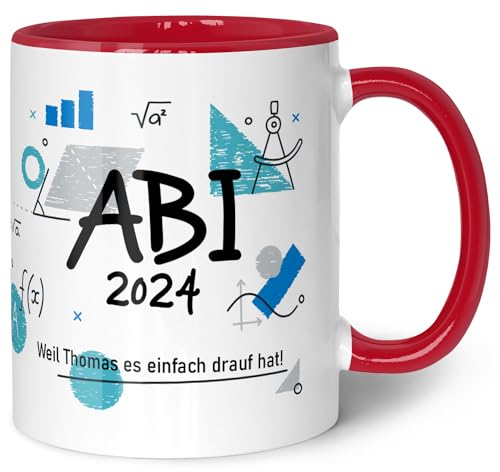 GRAVURZEILE Bedruckte Tasse mit Spruch - Abi - Personalisiert mit Namen & Jahr - Weil ich's einfach drauf hab! - Spülmaschinenfest - Geschenk zum Abschluss für Jungen & Mädchen - Farbe: Rot