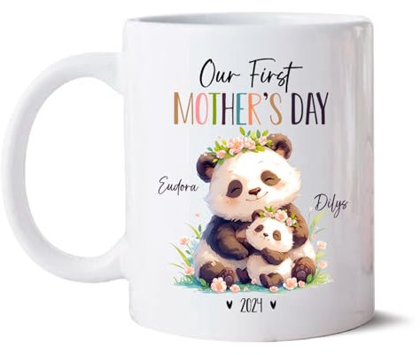 Tazze personalizzate con mamma e baby panda con nomi e anno, tazza da caffè personalizzata per amanti dei pande, tazza in ceramica per mamma e bambino, tazza per la prima festa della mamma, tazza in