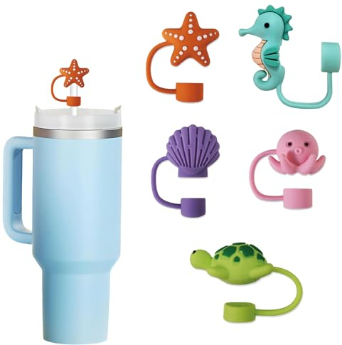 CAREOR Straw Covers Cap Adjustable Silicone Straw Topper, Dust-Proof Straw Tips Lids for Stanley Cup 30oz or 40 oz Tumbler, 0.4in/10mm, Reusable Stanley Cup Accessories (5Pack(Marine Animals))