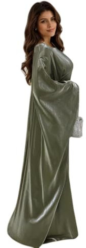 RUIG Women Satin Abaya Dress Islam Muslim Summer Batwing Sleeve Maxi Dress Kaftan Robe Ramadan Clothes ArmyGreen