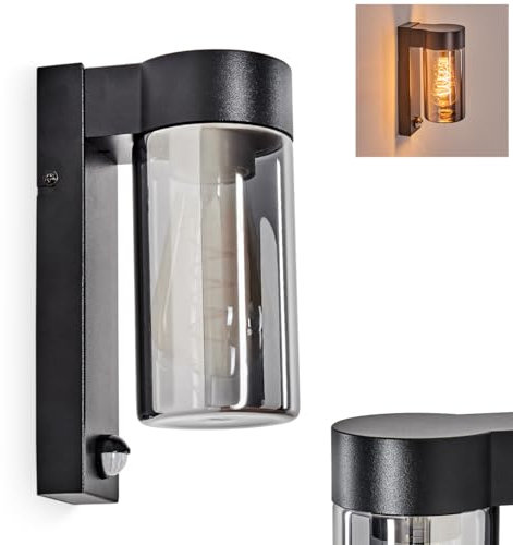 Außenwandleuchte Encoberta, Außenwandlampe mit Bewegungsmelder aus Metall/Glas in Schwarz/Rauchfarben, Leuchte im Industrial-Design für Garten/Außenfassade/Terrasse, 1 x E27, ohne Leuchtmittel, IP44