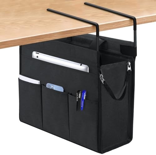 MASTLU Under Desk Hanging Magazine and File Storage Bag, Office Side Storage Bag, Compatible with A4 Files, Detachable Handle Design, No Assembly Required, For Office Home School (Dark Grey)