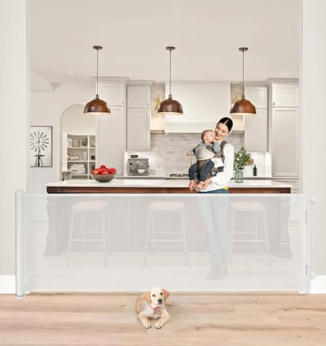 The Fellie Retractable Stair Gate, 300cm Extra Wide Stair Gates for Dogs, One Hand Operation, Adjustable Length, 86cm Tall Baby Gate Safety Gate for Dogs, Hallways/Indoor/Outdoor, Pet Dog Gate, White