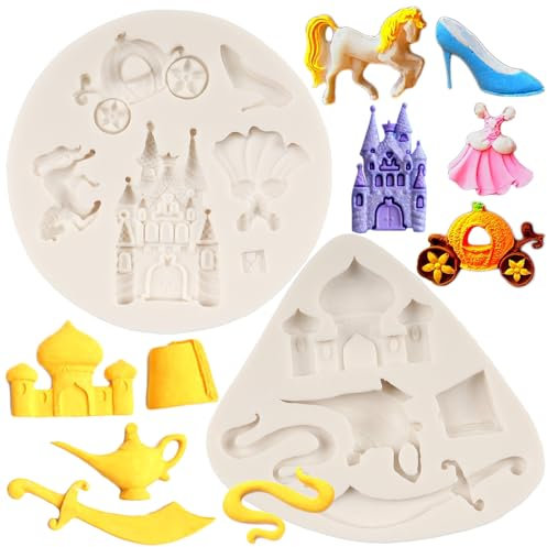 MYPRACS Cinderella Fondant Mould Aladdin Myth Themed Knife Teapot Silicone Mould Castle Crystal Shoes Pumpkin Carriage Moulds for Cake Decoration Cupcake Topper Chocolate Candy Polymer Clay Set of 2