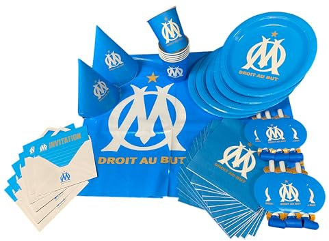 OLYMPIQUE DE MARSEILLE Pack 51 pièces : Nappe 130 x 180 cm + 6 Gobelets + 6 Assiettes + 20 Serviettes + 6 Chapeaux + 6 Sifflets + 6 Cartes d'Invitation - Collection Officielle