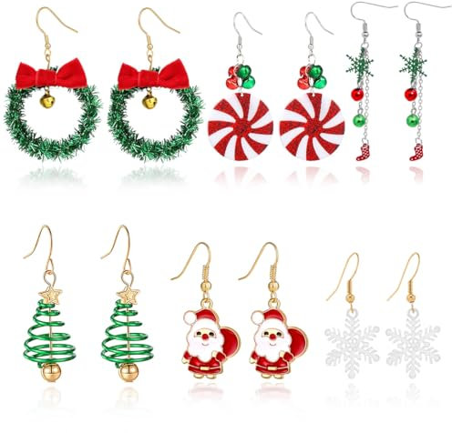 6 Paar Ohrringe Weihnachten Hängend, Weihnachtsohrringe Ohrstecker Set Weihnachtsschmuck Geschenk für Damen Kinder Mädchen, Weihnachts Schneeflocken Weihnachtsmann Tropfen Baumeln Ohrringe Stecker