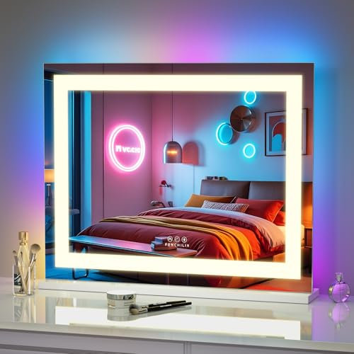 FENCHILIN Schminkspiegel mit Beleuchtung Hollywood Spiegel 58x46cm RGB Lichtleiste Makeup Spiegel mit dimmbaren 3 Farben Smart Touch für Desktop Wandmontage Temperiertes Glas Weiß