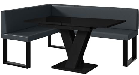 MEBLINI Eckbank für Esszimmer mit ausziehbarem Tisch - Küchenbank - Essecke - Sitzecke Küche - ERIC - U-Beine 128x168x87cm Links - Dunkelgrau Kunstleder/M Schwarz Hochgl.
