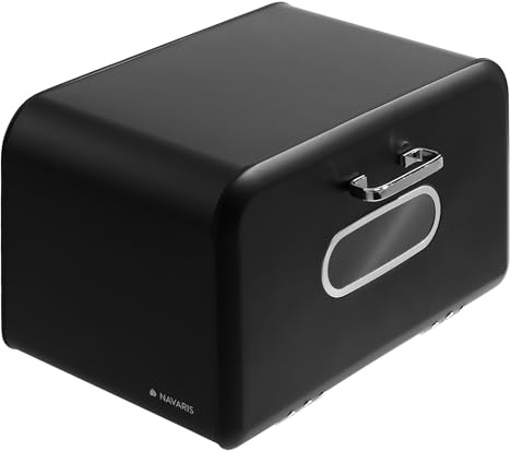 Navaris Metal Bread Bin for Kitchen Countertop - Ventilated Vintage Kitchen Storage Container, Bread Box with Window for Bread, Spices, Coffee, Organizer for Cabinet, Black