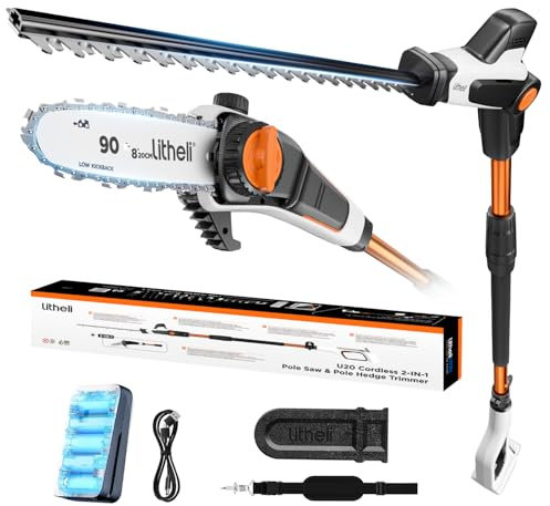 Litheli Stabheckenschere & Hochentaster mit zwei 2.0Ah Akkus, 47 cm Akku Teleskop Heckenschere, abwinkelbarer Kopf und Teleskopstiel zum Schneiden von Ästen, Trimmen.