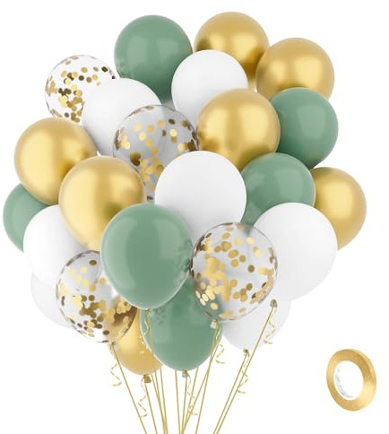 Luftballons Grün Gold Weiß Ballons 60 Stück 30cm Salbeigrün Goldene Konfetti Latex Ballons 1 Rollen Goldene Band Luftballon Girlande Luftballons Geburtstag Graduation Taufe Valentinstag Babyparty Deko