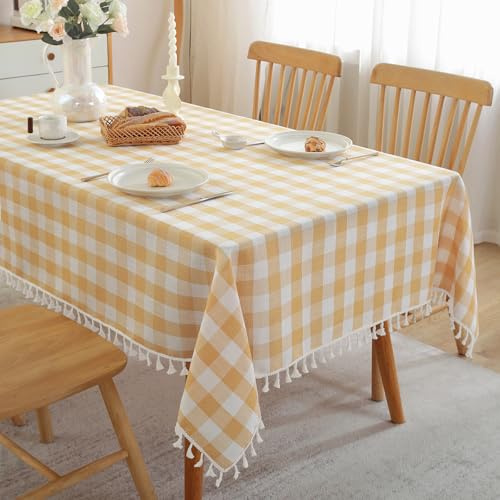 JIALE Gingham-Tischdecke, rechteckig, Baumwoll-Leinenstoff, kariert, Tischdecke mit Quaste, waschbar, knitterfrei, Büffelkaro, Tischdecke für Outdoor, Party, Picknick, Küche, Esszimmer, Gelb, 140 x