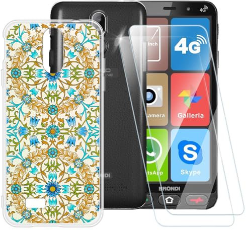 Custodia in TPU stampata + confezione da 2 pellicole proteggi schermo in vetro temperato compatibile con Brondi Amico Vero 4G, cover artistica sottile antiurto, antigraffio, protezione completa