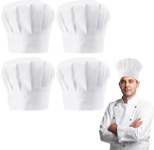 WEFHEF 4PCS Gorros de Chef, Gorros Cocinero con Banda Elástica, Sombrero de Cocinero Ajustable y Reutilizable, Gorro de Cocina Unisex para Hombre Mujer (FR/ES, Letras, Talla única, Estándar, Blanco)