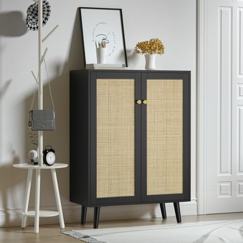 Yvsevnr Sideboard Schwarz, Küchenschrank, Buffetschrank mit Verstellbares Regal, Rattan Küchenbuffet für Küche Wohnzimmer Esszimmer, Flur, Holz, Landhausstil 80 x 34 x 112 cm