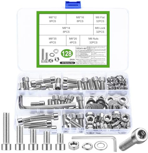 128 Pz Set di Viti M8, Bulloni e Dadi e Rondelle Kit, Viti a Testa Cilindrica con Esagono Incassato con Dado, Bulloni a Testa Tonda in Acciaio InoxViti Brugola Testa Bombata(M8)