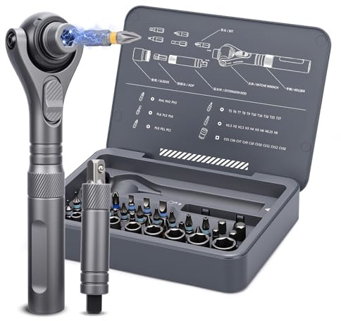 WODHMIEY Juego de destornilladores de trinquete, kit de herramientas de reparación de precisión magnética 38 en 1 con cabezal giratorio de 180° y eje extendido, mini kit de controlador multifunción